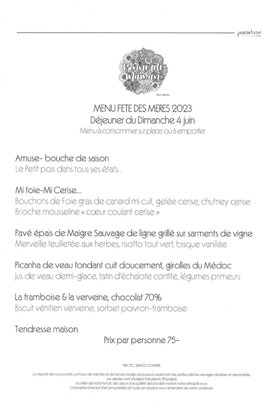 MENU DEJEUNER FETE DES MERES 2023 - Restaurant Paradoxe | Restaurant